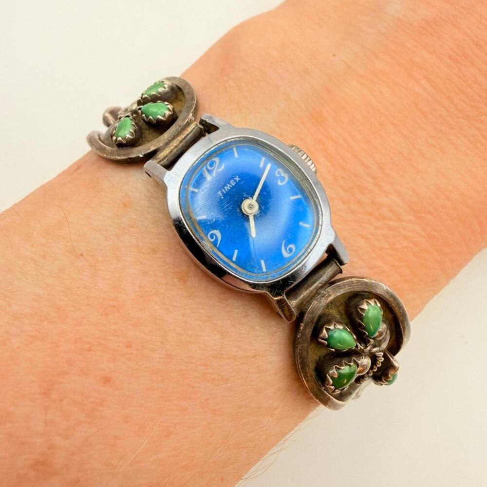 Vtg Old Pawn Sterling Silver Navajo Blue Green Turquoise Watch Band With Timex - Picture 2 of 10